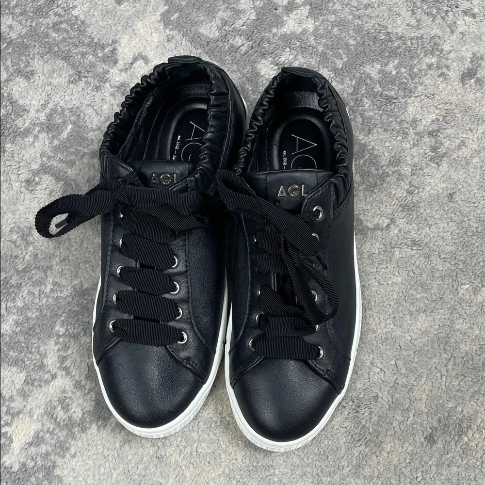 New AGL Suzie Elasticated Opening Sneakers Black Leather Lace Up Sz 36.5